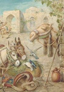 Donkeys and a camel resting at the wayside by William J. Webbe or Webb