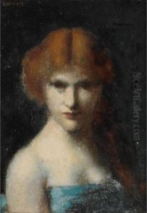 Woman With Red Hair Tied Back Wearing A Blue Dress by Jean-Jacques Henner