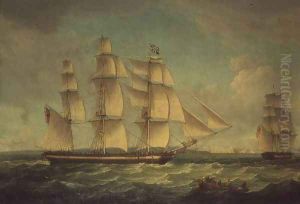 Merchantmen in a stiff breeze off the cliffs of Dover by Thomas Whitcombe