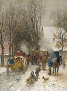 Winterliche Dorfstrase Mit Regem Treiben Vor Einer Schmiede