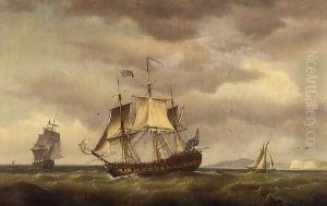 An East India man in stays off the Downs with the channel in the background by Thomas Whitcombe