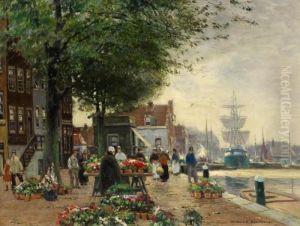 A Flower Market In A Dutch City by Heinrich Hermanns