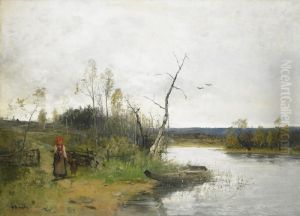 Strandlandskap Med Bondkvinna Och Barn