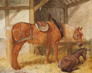 A Mare And Foal In A Loose-box by John Frederick Herring Snr
