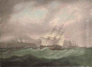 A squadron of the fleet off a rocky coast, possibly Flamborough Head by Thomas Whitcombe