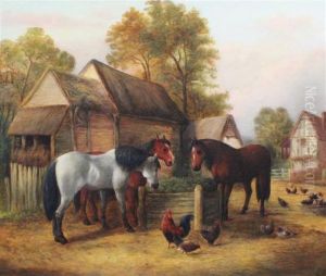 Chicken And Horses In A Farmyard by John Frederick Herring Snr
