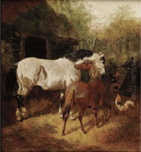 Farmyard Scene With Horses And Roosters by John Frederick Herring Snr