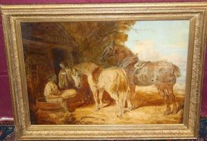 Rural Workers With Horses Outside A Cottage by John Frederick Herring Snr
