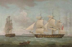 An East Indiaman in two positions off Dover, with the pilot cutter approaching off her starboard bow