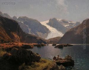 Fisherman On A Mountain Lake by Herman Herzog