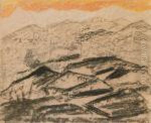 Bergslandskap Med Orange Himmel by Carl Fredrik Hill