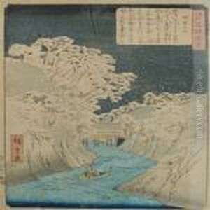 Woodcut Decorated In Colours With River Landscape by Utagawa or Ando Hiroshige