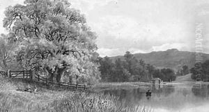 Figures having a Picnic beside a Lake in a mountainous Landscape by Ernest Albert Waterlow