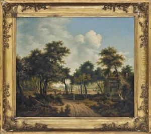A Wooded Landscape With A Huntsman And His Dog On A Track, A Village Beyond