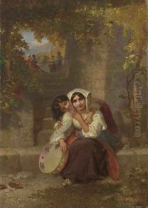An Italian girl with a tambourain on a terrace by Penry Williams