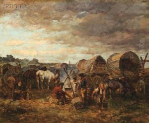 Around The Cooking Fire/encampment With Covered Wagons by Anton Hoffmann