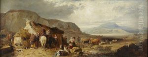 A Highland Landscape With Figures And Animals By A Cottage by Charles Hoguet
