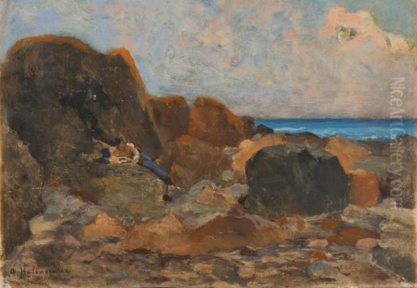 Marina Con Scogli E Figura Che Legge - view 1