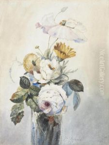 Peonies, A Poppy And Marigolds In A Glass Vase by James Holland