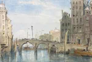 Figures On A Bridge Over A Canal, Holland by James Holland