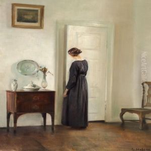 Interior With A Woman Inblack Opening A White Painted Door by Carl Vilhelm Holsoe