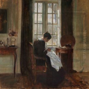 The Artist's Wife Sewing Near The Window by Carl Vilhelm Holsoe