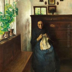 Interior With A Woman Knitting by Carl Vilhelm Holsoe