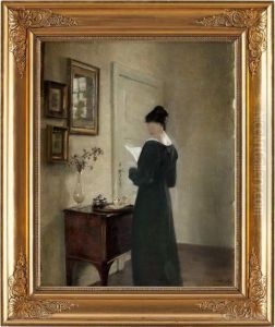 Interior Med Lasande Kvinna by Carl Vilhelm Holsoe