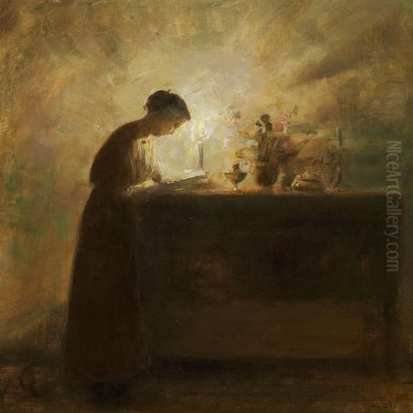 Interior With A Woman Reading By The Candlelight - view 1