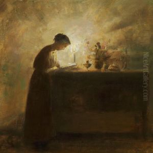Interior With A Woman Reading By The Candlelight by Carl Vilhelm Holsoe