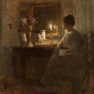 Interior With A Woman Sitting In The Candlelight In Front Of A Mirror by Carl Vilhelm Holsoe
