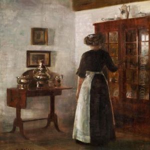 Interior With A Woman Standing Next To A Cabinet by Carl Vilhelm Holsoe