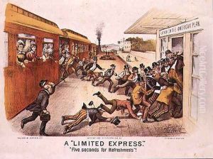A Limited Express,Five Seconds for Refreshments, pub. by Currier and Ives in New York, 1884 by Thomas Worth