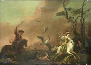 An Elegant Hawking Party Hunting Heron; And An Elegant Hawking Party At Rest by Abraham Danielsz. Hondius