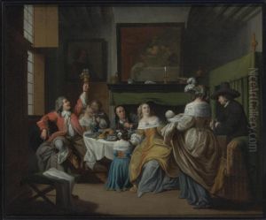 A Domestic Scene In An Interior With Figures Eating And Drinking Around A Table
