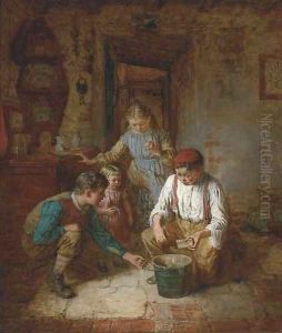 Children in a cottage interior by Robert W. Wright