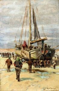 Vissers Bij Bomschuit Op Het Strand by Hendrik Horrix