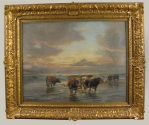 Cows Wading In The Sea At Sunset by William Henry Howe