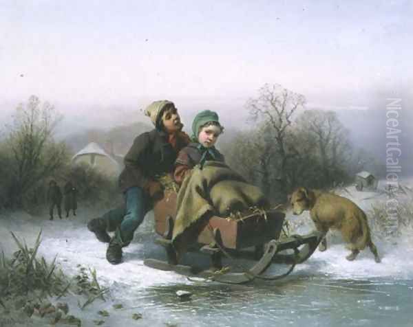 A Boy Pushing a Young Girl in a Sledge - view 1