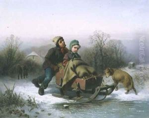 A Boy Pushing a Young Girl in a Sledge by Jan Walraven