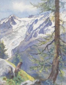Sommerliche Alp Mit Gletscherpartie by Fritz Edouard Huguenin-Lassauguette