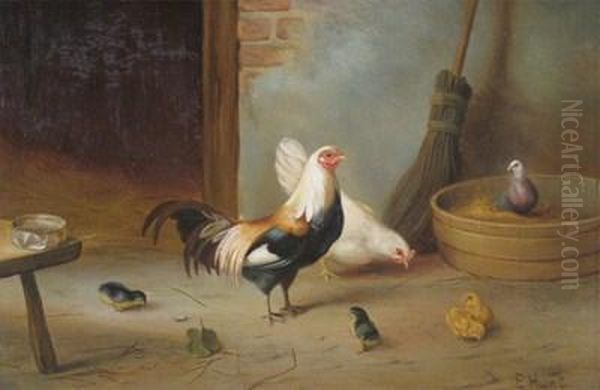 A Rooster, Hen And Chicks In A Barn - view 1