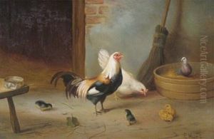 A Rooster, Hen And Chicks In A Barn by Edgar Hunt