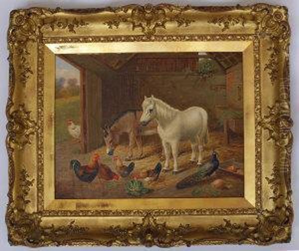 Two Ponies, Chickens And A Peacock In A Stable - view 1