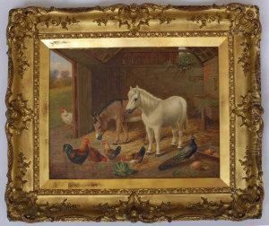 Two Ponies, Chickens And A Peacock In A Stable by Edgar Hunt