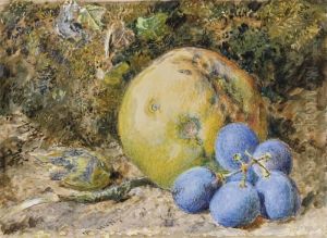 An Apple, Grapes And A Hazelnut On A Mossy Bank by William Henry Hunt