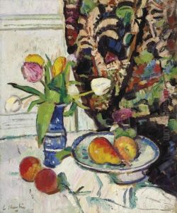 Still Life With Tulips And Fruit by George Leslie Hunter