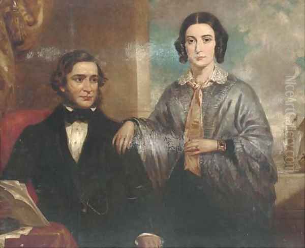 Portrait of a lady and a gentleman, three-quarter-length, the lady in a blue dress, the gentleman in a black coat, seated at a desk holding letters - view 1