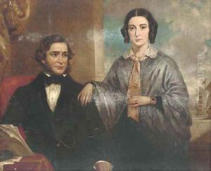 Portrait of a lady and a gentleman, three-quarter-length, the lady in a blue dress, the gentleman in a black coat, seated at a desk holding letters by John Wood