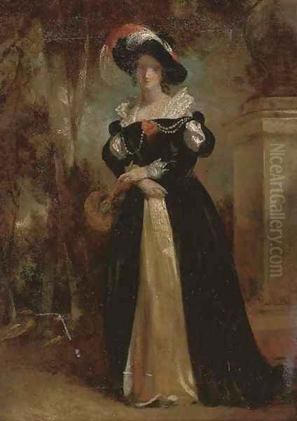 An elegant lady, small full-length, in a black dress and feathered hat, in a garden - view 1